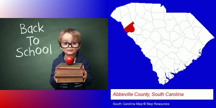 the back-to-school concept; Abbeville County, South Carolina highlighted in red on a map