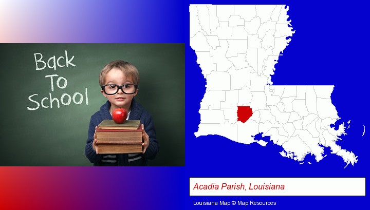 the back-to-school concept; Acadia Parish, Louisiana highlighted in red on a map