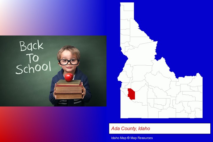 the back-to-school concept; Ada County, Idaho highlighted in red on a map