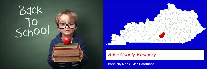 the back-to-school concept; Adair County, Kentucky highlighted in red on a map