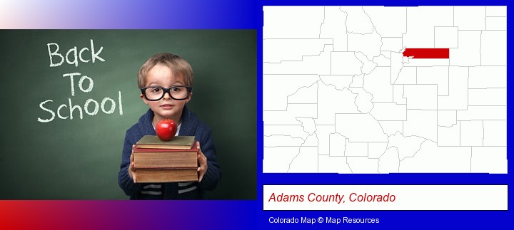 the back-to-school concept; Adams County, Colorado highlighted in red on a map