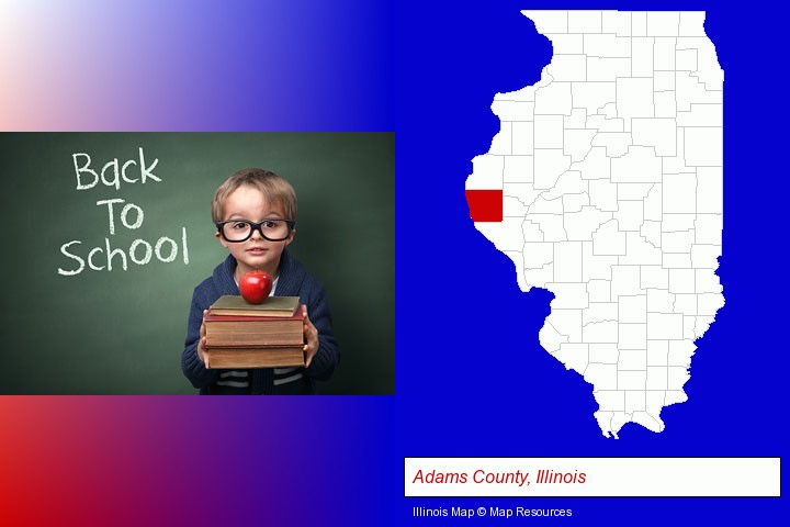 the back-to-school concept; Adams County, Illinois highlighted in red on a map