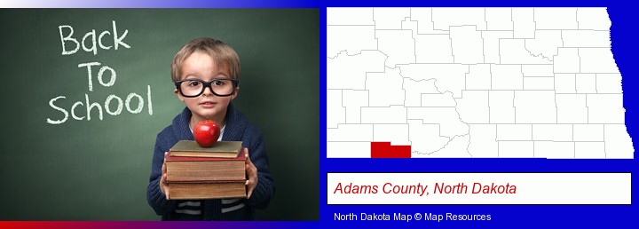 the back-to-school concept; Adams County, North Dakota highlighted in red on a map