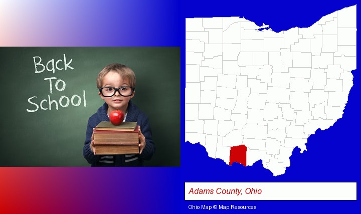 the back-to-school concept; Adams County, Ohio highlighted in red on a map