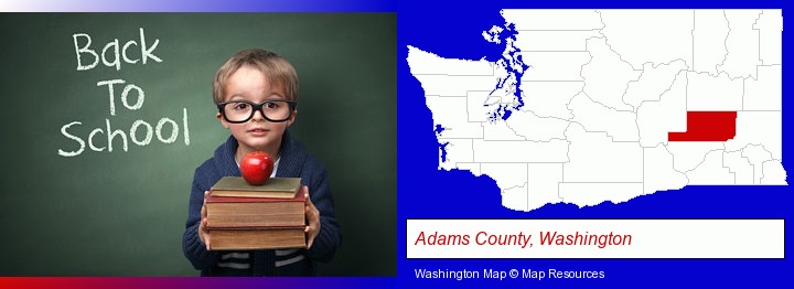 the back-to-school concept; Adams County, Washington highlighted in red on a map