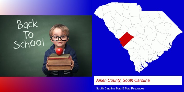 the back-to-school concept; Aiken County, South Carolina highlighted in red on a map