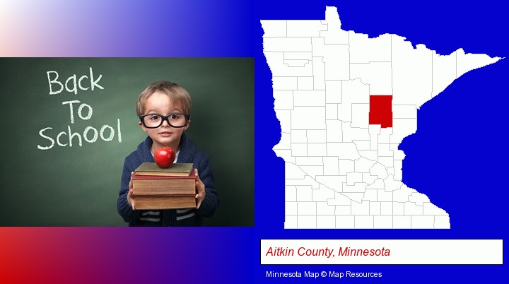 the back-to-school concept; Aitkin County, Minnesota highlighted in red on a map
