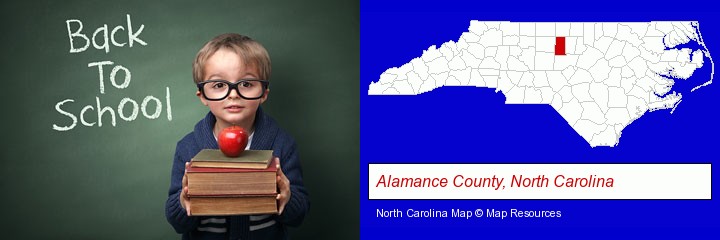the back-to-school concept; Alamance County, North Carolina highlighted in red on a map