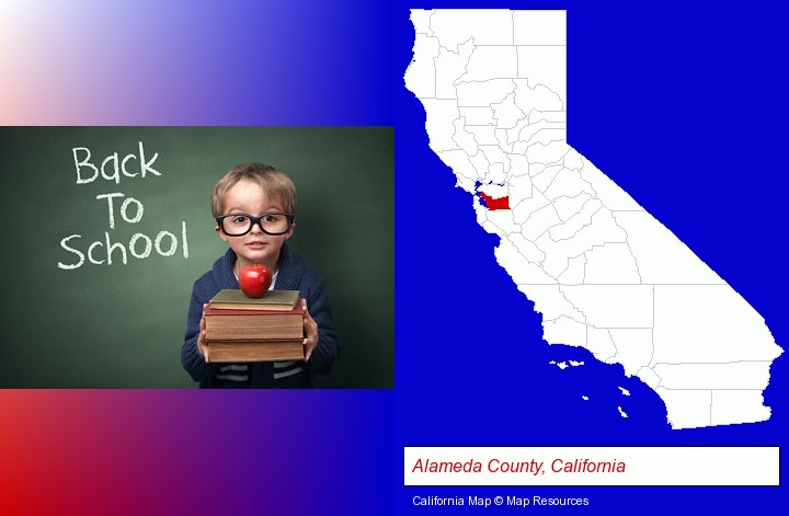 the back-to-school concept; Alameda County, California highlighted in red on a map