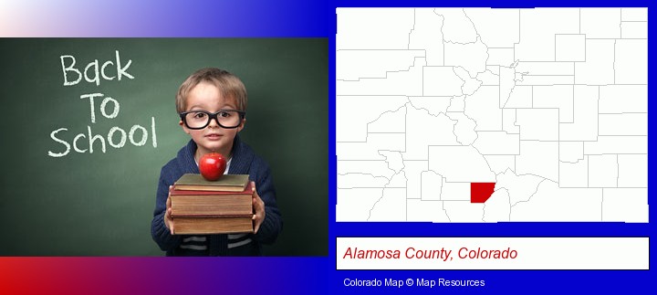 the back-to-school concept; Alamosa County, Colorado highlighted in red on a map