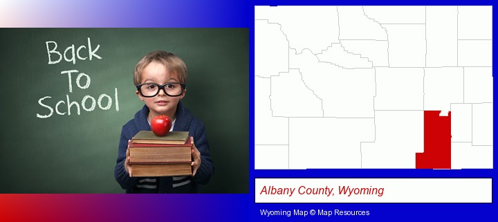 the back-to-school concept; Albany County, Wyoming highlighted in red on a map