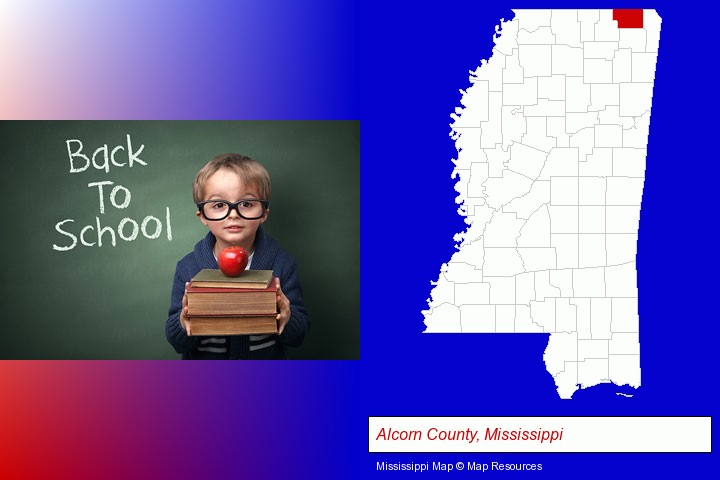 the back-to-school concept; Alcorn County, Mississippi highlighted in red on a map