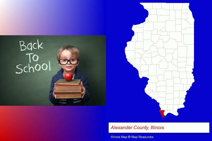 the back-to-school concept; Alexander County, Illinois highlighted in red on a map