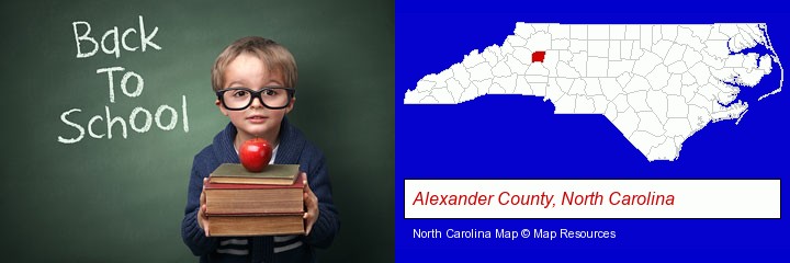 the back-to-school concept; Alexander County, North Carolina highlighted in red on a map