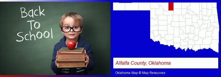 the back-to-school concept; Alfalfa County, Oklahoma highlighted in red on a map