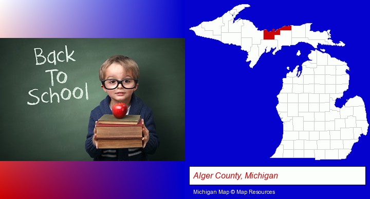 the back-to-school concept; Alger County, Michigan highlighted in red on a map