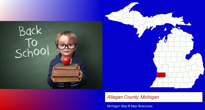 the back-to-school concept; Allegan County, Michigan highlighted in red on a map