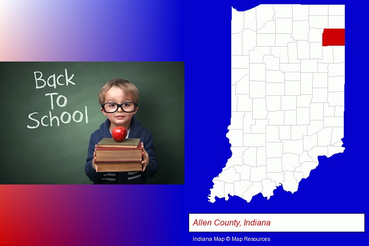 the back-to-school concept; Allen County, Indiana highlighted in red on a map