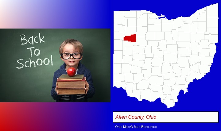 the back-to-school concept; Allen County, Ohio highlighted in red on a map