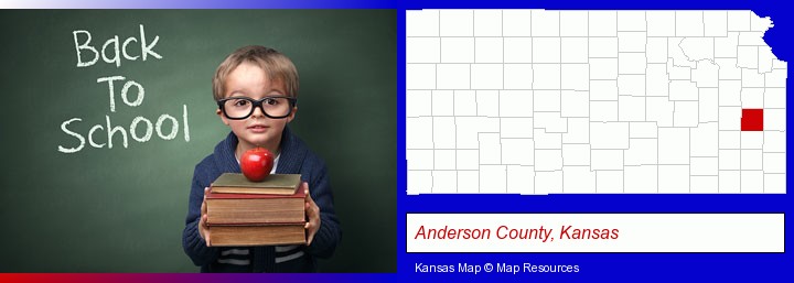 the back-to-school concept; Anderson County, Kansas highlighted in red on a map