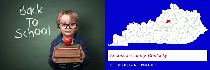 the back-to-school concept; Anderson County, Kentucky highlighted in red on a map