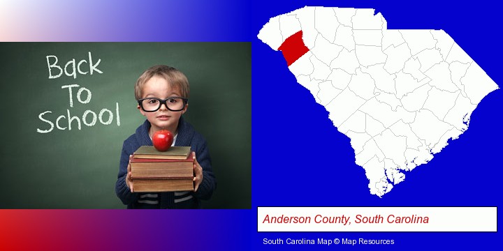 the back-to-school concept; Anderson County, South Carolina highlighted in red on a map