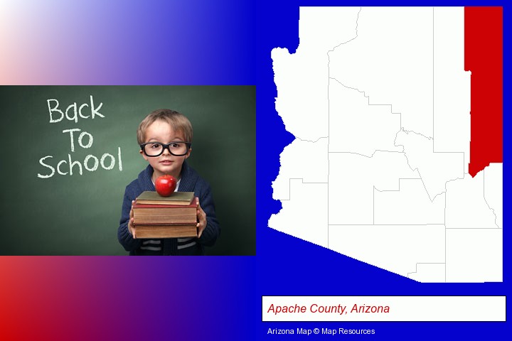 the back-to-school concept; Apache County, Arizona highlighted in red on a map