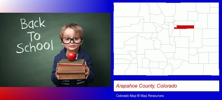 the back-to-school concept; Arapahoe County, Colorado highlighted in red on a map
