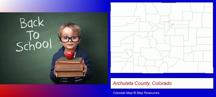 the back-to-school concept; Archuleta County, Colorado highlighted in red on a map