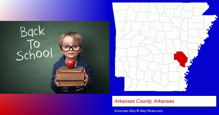 the back-to-school concept; Arkansas County, Arkansas highlighted in red on a map