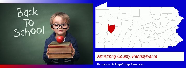 the back-to-school concept; Armstrong County, Pennsylvania highlighted in red on a map
