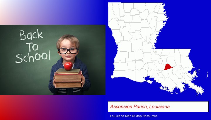 the back-to-school concept; Ascension Parish, Louisiana highlighted in red on a map