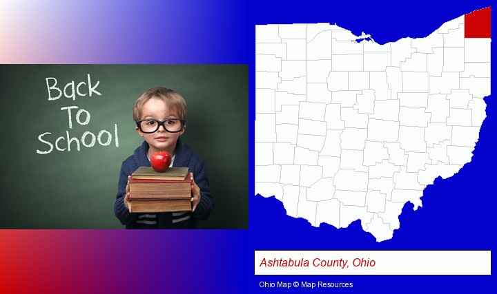 the back-to-school concept; Ashtabula County, Ohio highlighted in red on a map