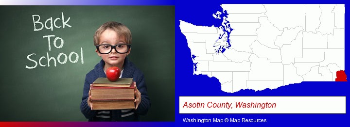 the back-to-school concept; Asotin County, Washington highlighted in red on a map