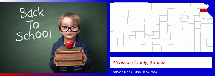 the back-to-school concept; Atchison County, Kansas highlighted in red on a map