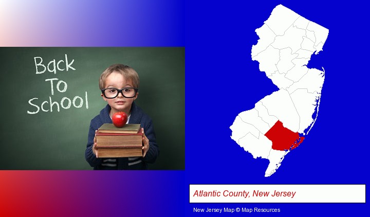 the back-to-school concept; Atlantic County, New Jersey highlighted in red on a map