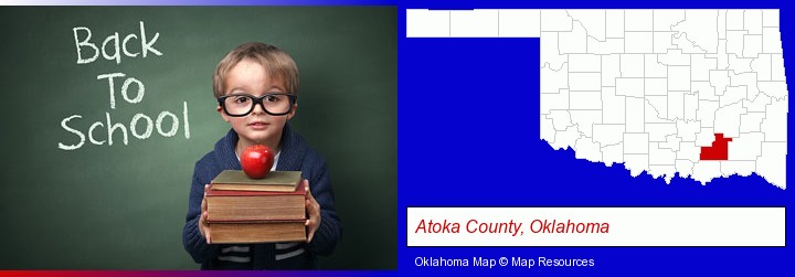 the back-to-school concept; Atoka County, Oklahoma highlighted in red on a map