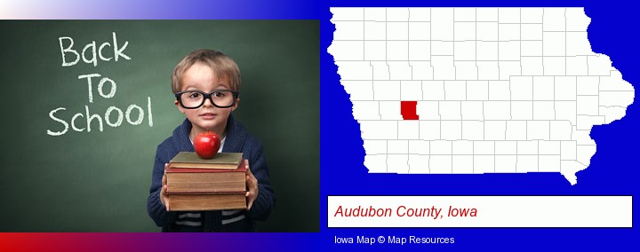 the back-to-school concept; Audubon County, Iowa highlighted in red on a map