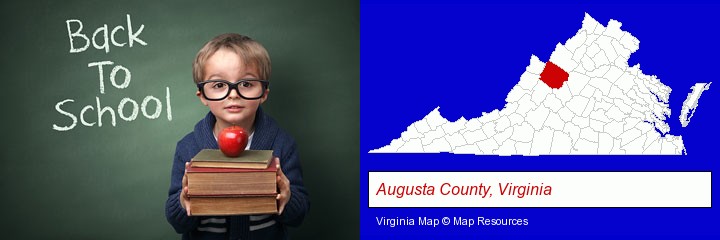 the back-to-school concept; Augusta County, Virginia highlighted in red on a map