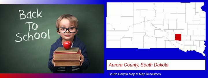 the back-to-school concept; Aurora County, South Dakota highlighted in red on a map