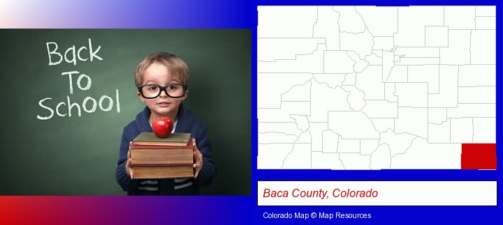 the back-to-school concept; Baca County, Colorado highlighted in red on a map