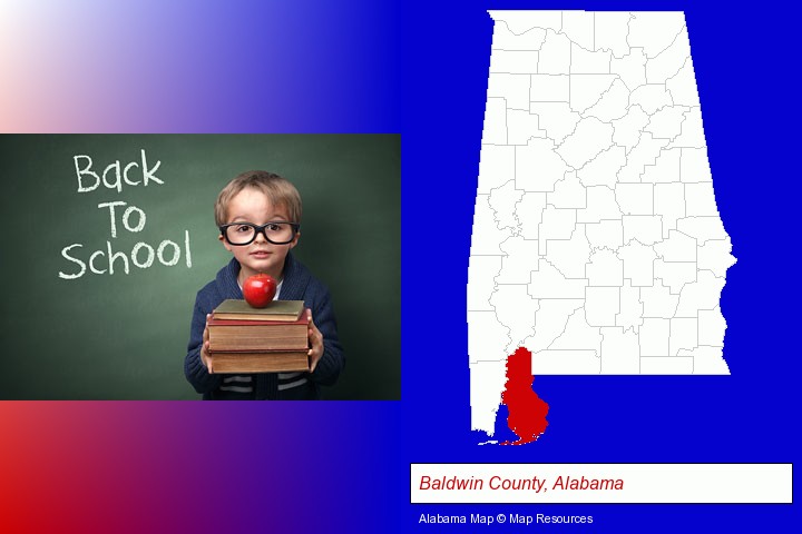 the back-to-school concept; Baldwin County, Alabama highlighted in red on a map