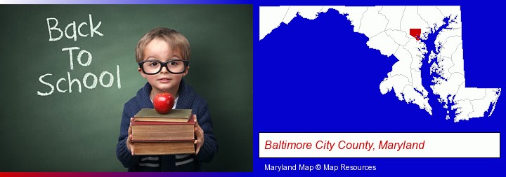 the back-to-school concept; Baltimore City County, Maryland highlighted in red on a map