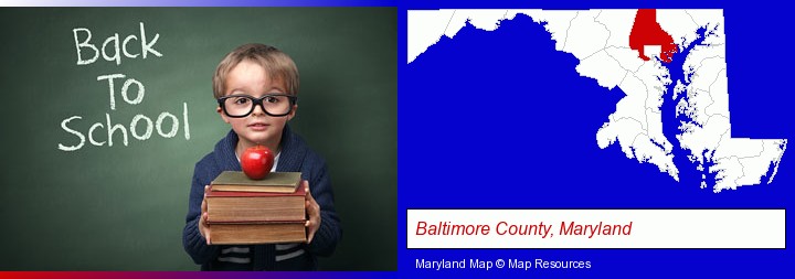 the back-to-school concept; Baltimore County, Maryland highlighted in red on a map