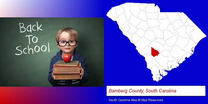 the back-to-school concept; Bamberg County, South Carolina highlighted in red on a map