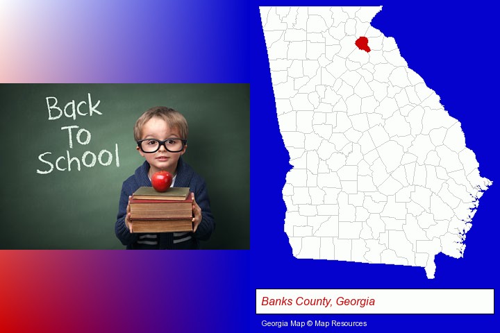 the back-to-school concept; Banks County, Georgia highlighted in red on a map