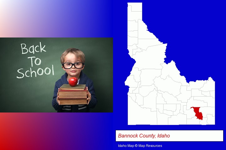 the back-to-school concept; Bannock County, Idaho highlighted in red on a map