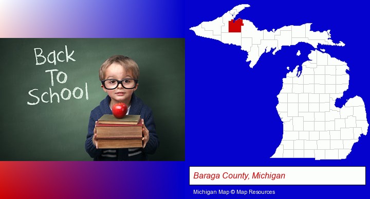 the back-to-school concept; Baraga County, Michigan highlighted in red on a map