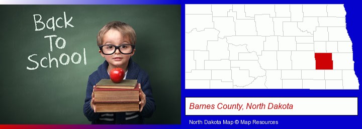 the back-to-school concept; Barnes County, North Dakota highlighted in red on a map