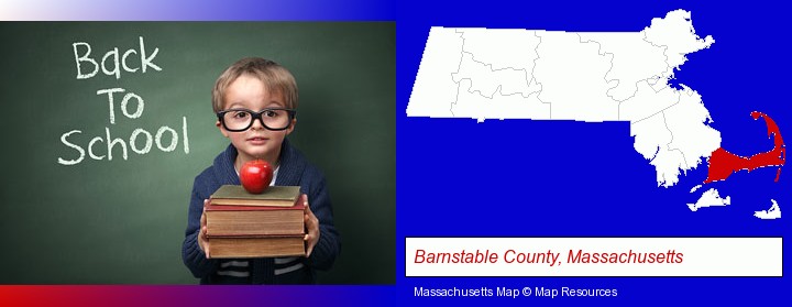 the back-to-school concept; Barnstable County, Massachusetts highlighted in red on a map